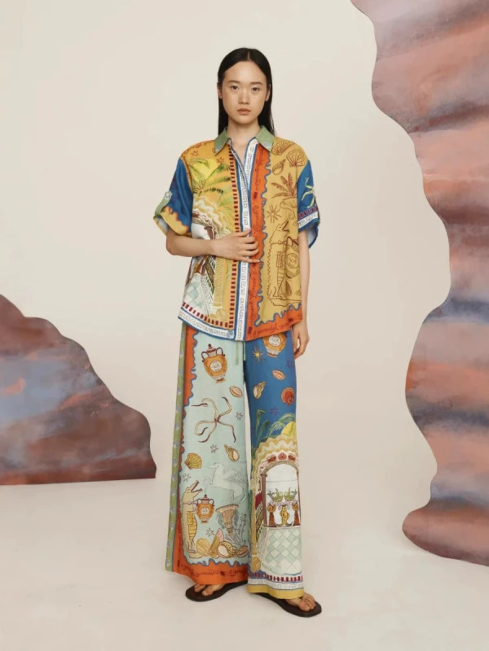 ZARA Trendy Printed Loose Fit Short Sleeve Drawstring Set